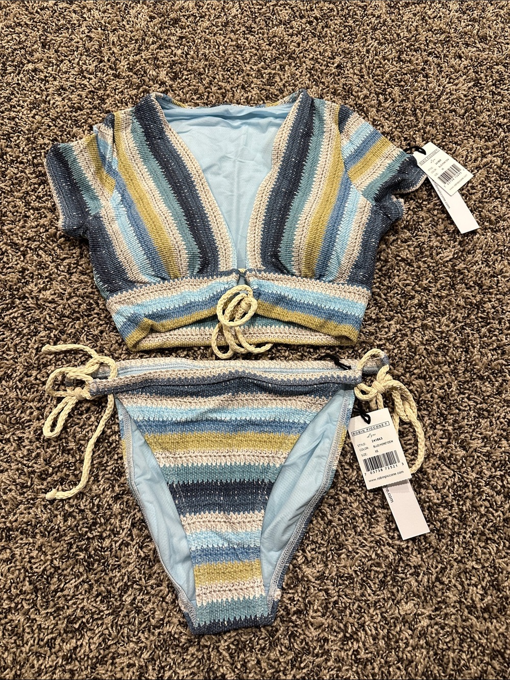Robin Piccone Striped Crochet Bikini Set in Blue, Yellow, Cream